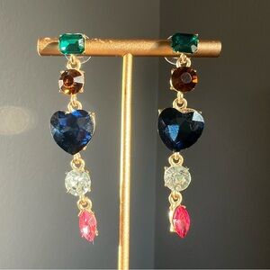 Glam Rainbow Glass Heart Dangle Rhinestone Gold Tone Costume Fashion Earrings